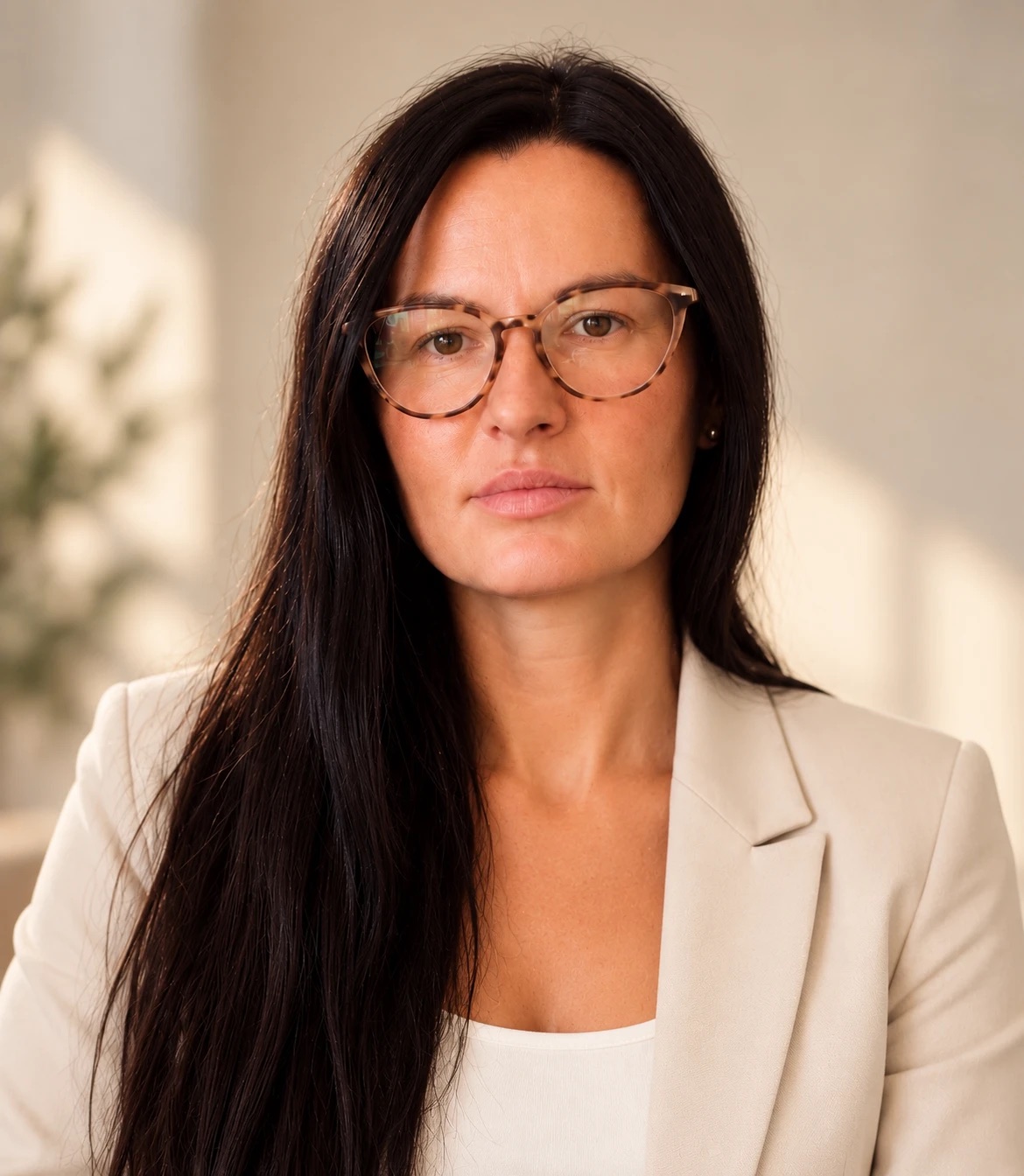 Diana Dunckova in an ivory blazer, wearing glasses, in warm natural light